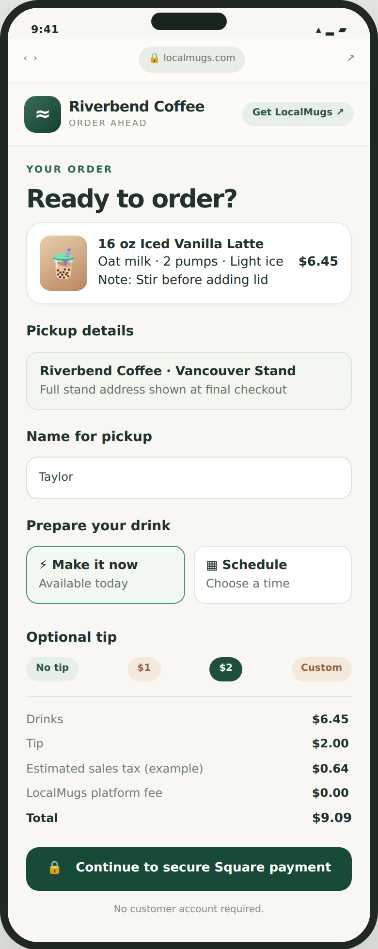 Checkout concept showing a drink, pickup location, now-or-scheduled pickup, optional tip and total.