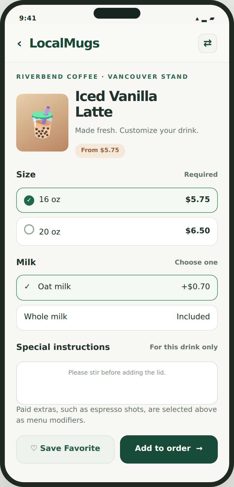 Customize a drink with size, milk choices, extras and a barista note.