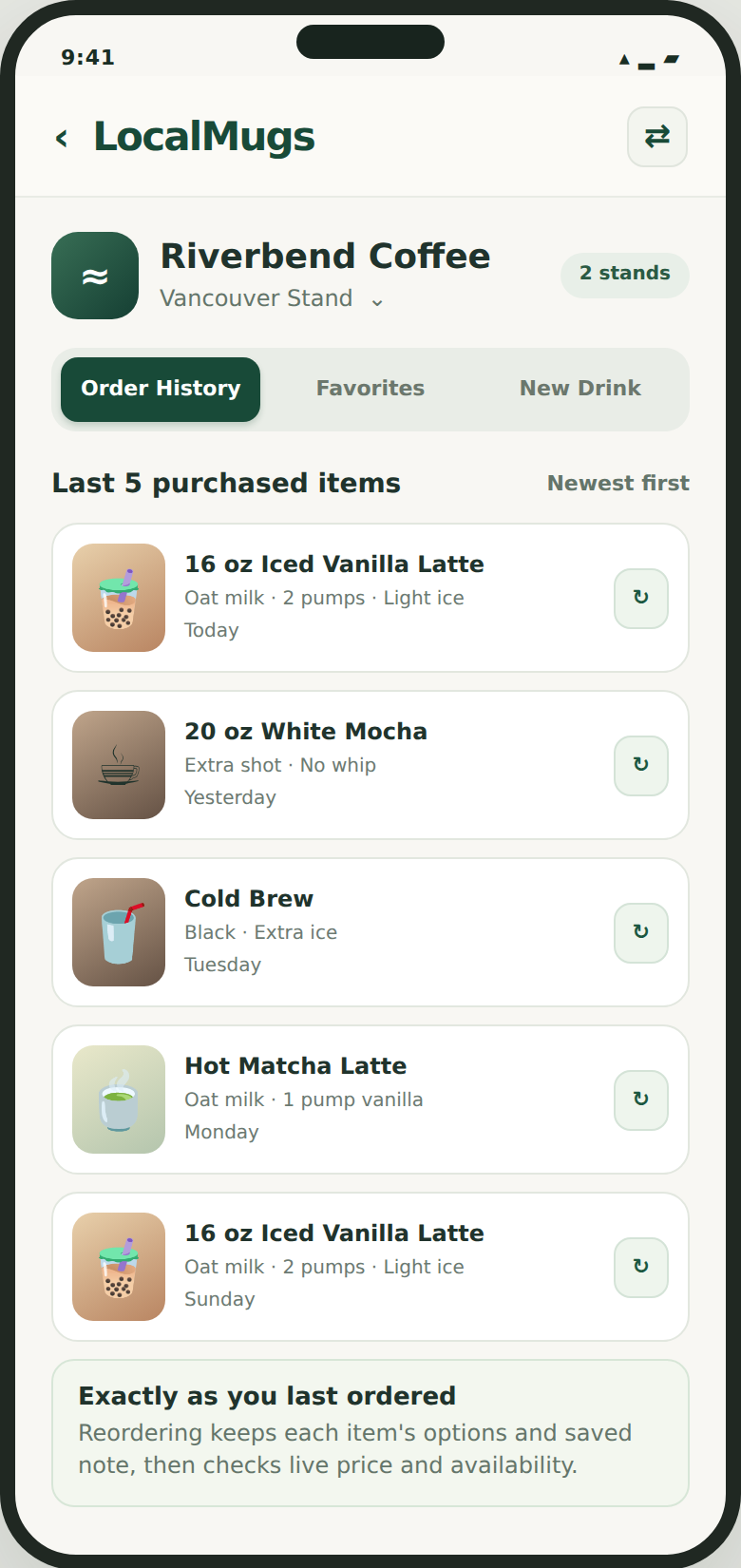Order History with recent drink recipes, plus Favorites and New Drink tabs.