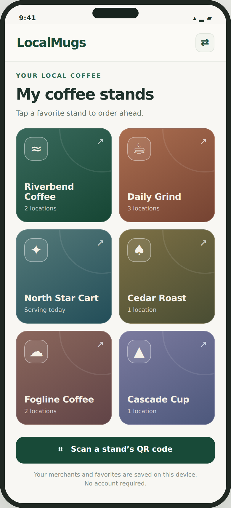 App concept with saved coffee-stand tiles and an add-or-scan action.